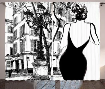 

Paris Window Curtains Young Woman in a Black Dress in The Streets of Paris Old Building Facade Cityscape Living Room Decor