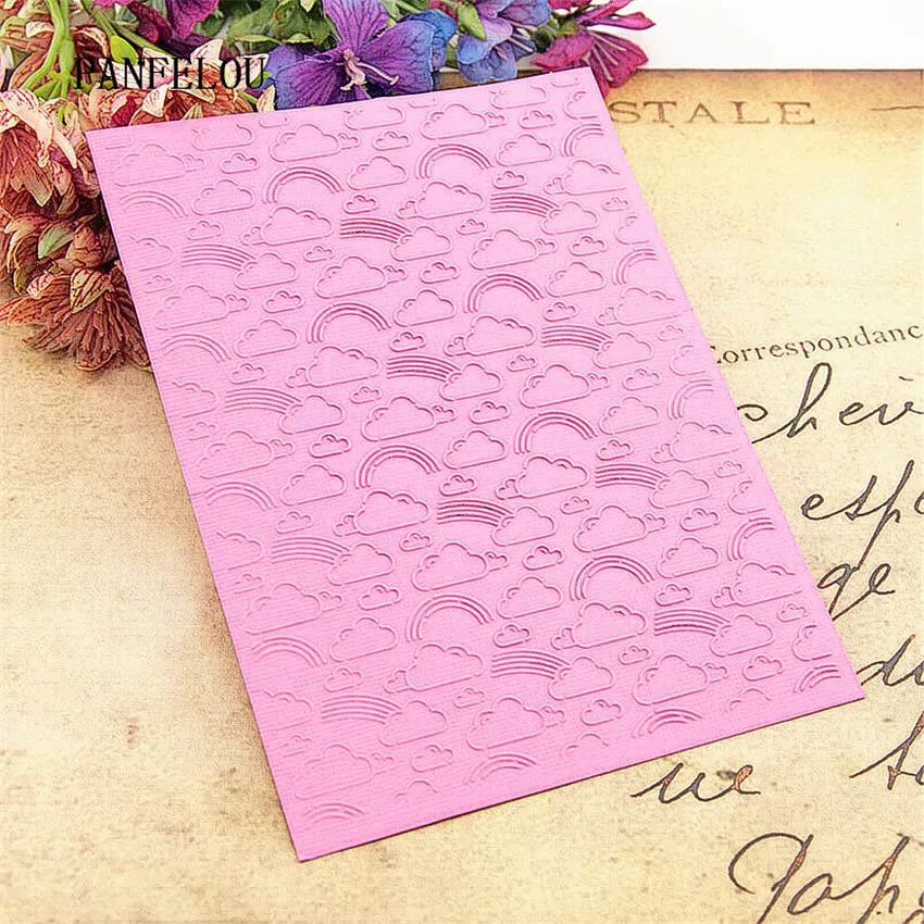 

PANFELOU 12.6x17.8 Rainbow clouds Embossing folders Plastic For Scrapbooking DIY Template Fondant Cake Photo Album Card Making