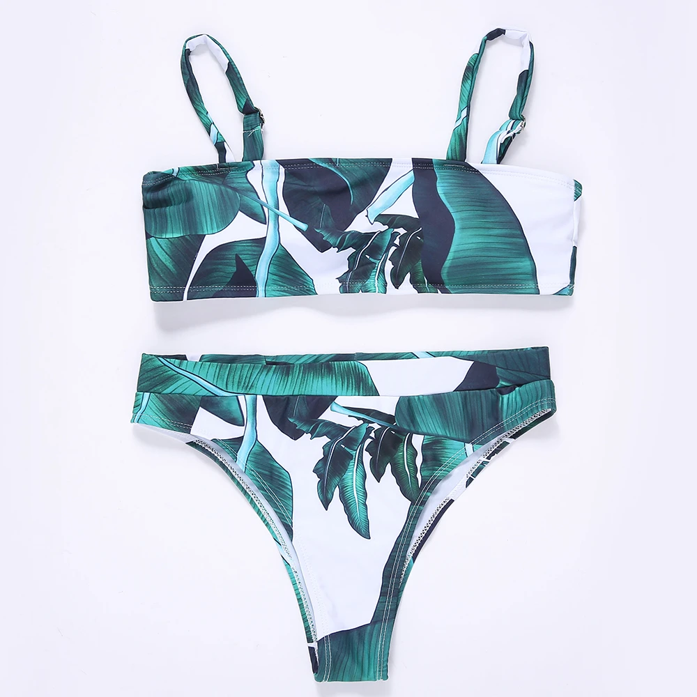 

Women Swimsuit Vintage Retro High Waist Swimwear 2019 New Leaf Print Bikinis Bathing Suit Halter Biquini Maillot de bain femme