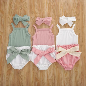 

Summer Infant Newborn Girls 3 Pcs Outfits Suits Sleeveless Knit Romper Tank Top + Bowknot Shorts + Bow Headband