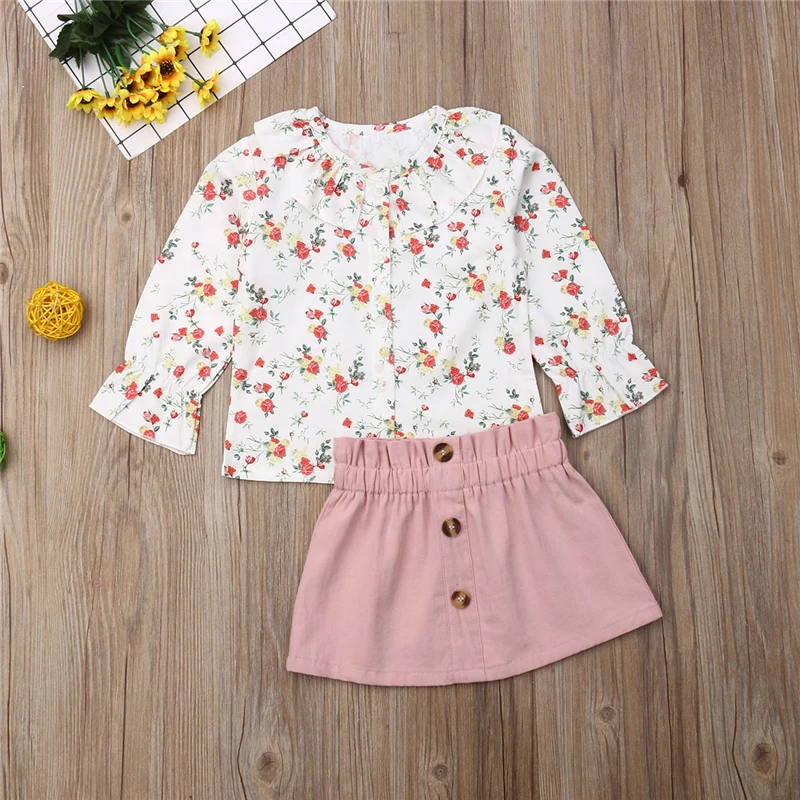 Floral Skirt Set Kids Summer Outfits 2PCS Baby Girls Dress Long Sleeve T-shirt 