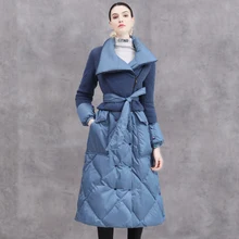 Высокое качество зимнее женское подиумное Модное Длинное пуховое пальто куртка с поясом