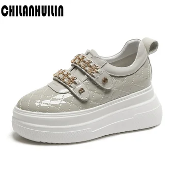 

New spring autumn embroidered leather women high heels casual shoes wedges platform women shoes black gray fashion chains pumps