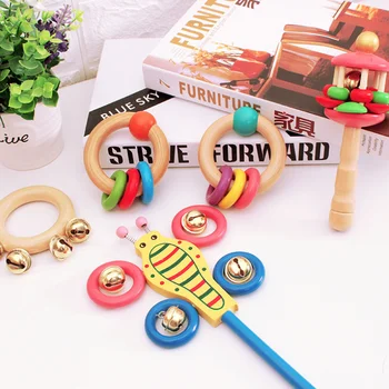 

Wooden Rattle Hand Teething Wooden Ring Baby Rattles Play Lotus Pavilion Montessori Stroller Toy Educational Toys