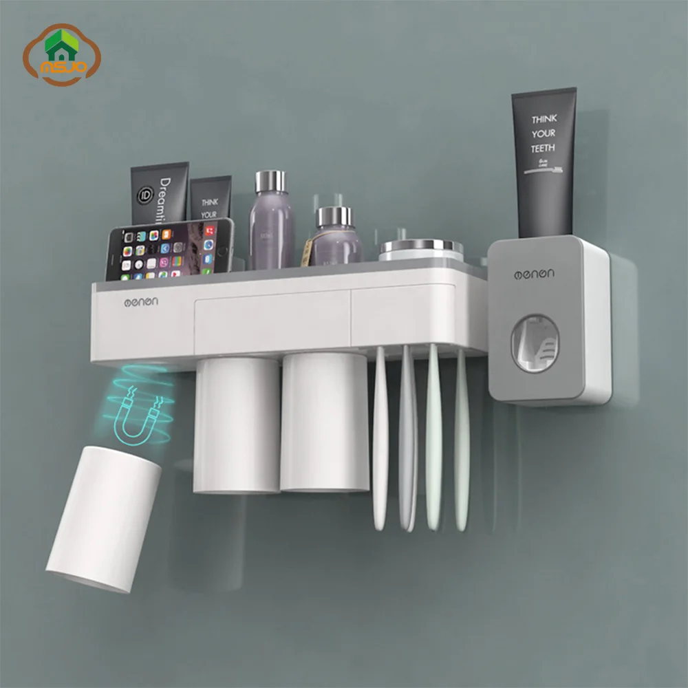 

MSJO Toothbrush Holder Automatic Toothpaste Dispenser Magnetic Adsorption Inverted Phone Storage Decor Bathroom Accessories Set