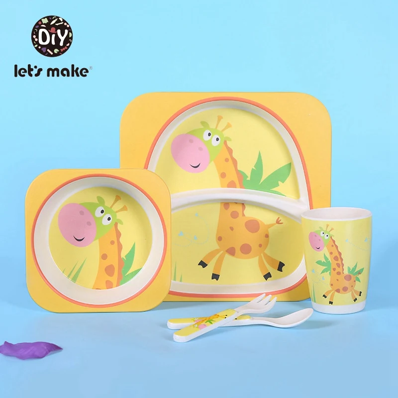 Giraffe set Let's Make/Детская бамбуковая миска+ ложка+ вилка, набор посуды для кормления, мультяшный аниамл, пчела, детские блюда, Бамбуковая миска для кормления, обеденная тарелка - Цвет: Giraffe set