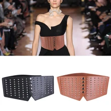 

Fashion Women Wide Waist Belt Super Elastic Stretch Wild Rivet Waistband Solid Color PU Lether Slim Body Dress Wide Corset Belt