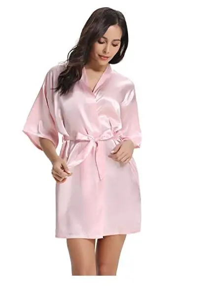 Women Silk Satin Short Night Robe Solid Kimono Robe Fashion Bath Sexy Bathrobe Peignoir Femme Wedding Bride Bridesmaid