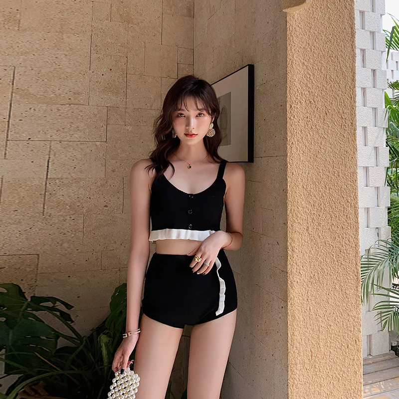 

INS Knitted Split Type Swimsuit Student Korean-style Conservative Camisole Two-Piece Set Spa Resort Bathing Suit Women's