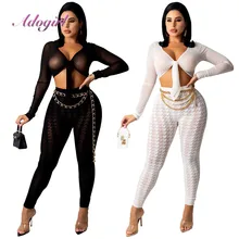 

Casual Houndstooth Shher Mesh Two Piece Set Women Solid Long Sleeve Lace Up Crop Tops See Through Pants Party Club Matching Sets