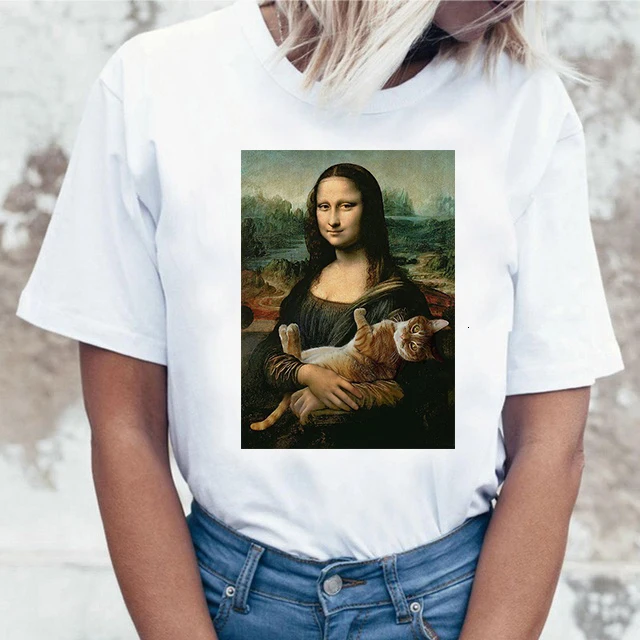 Забавная футболка Mona Lisa Cat для женщин Kawaii Топы Футболка Harajuku 90s Kawaii одежда футболка уличная Ulzzang Женская летняя футболка