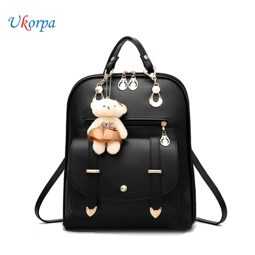 New Backpacks Women PU Leather Backpack For Teenager Girls Female Fanny Pack Mochila With Bear Hanging Ornament Feminina | Багаж и сумки