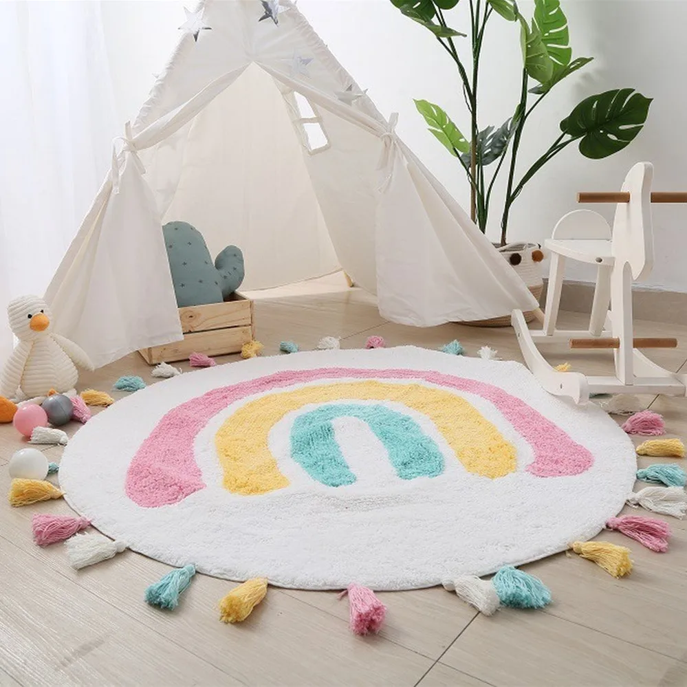 

Children Bedroom Rainbow Cotton Tassel Baby Carpet Game Crawling Toys Play Game Mat Room Decoration Newborn Photo Shooting Props