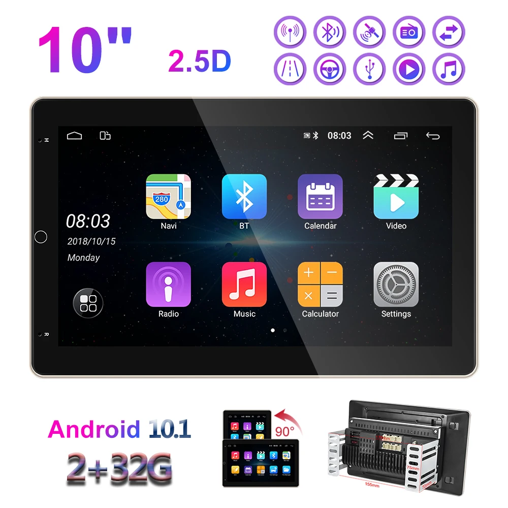 

2DIN 10-inch Android 10.1 Car Stereo Radio GPS Navigation Mirror Link 2+32GB Rotatable screen