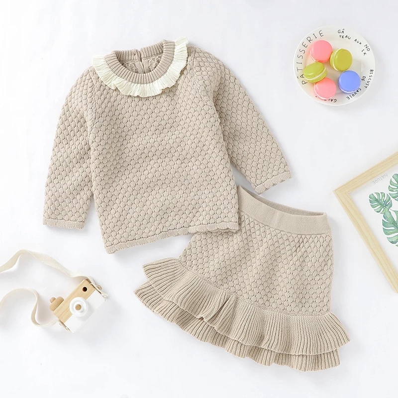 

Infant Baby Sweater Dress Cotton Knit Newborn Girl Pullover Long Sleeve +Skirt Autumn Toddler Sweet Clothing 2PC Cute Outerwear