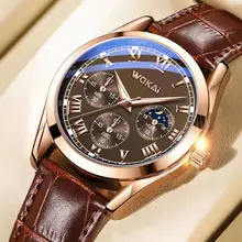 WOKAI high quality fashion casual men's three-eye quartz belt watch men's business waterproof luminous retro electronic clock