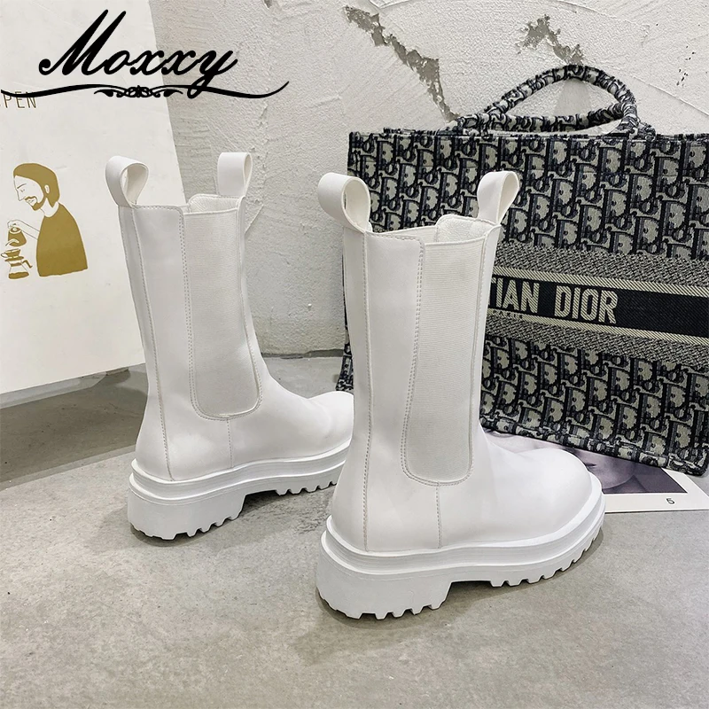 

Moxxy Combat Boots Women 2020 Autumn Slip On Stretch Mid-calf Boots Black Platform Gothic Shoes Woman Leather Punk White Boots