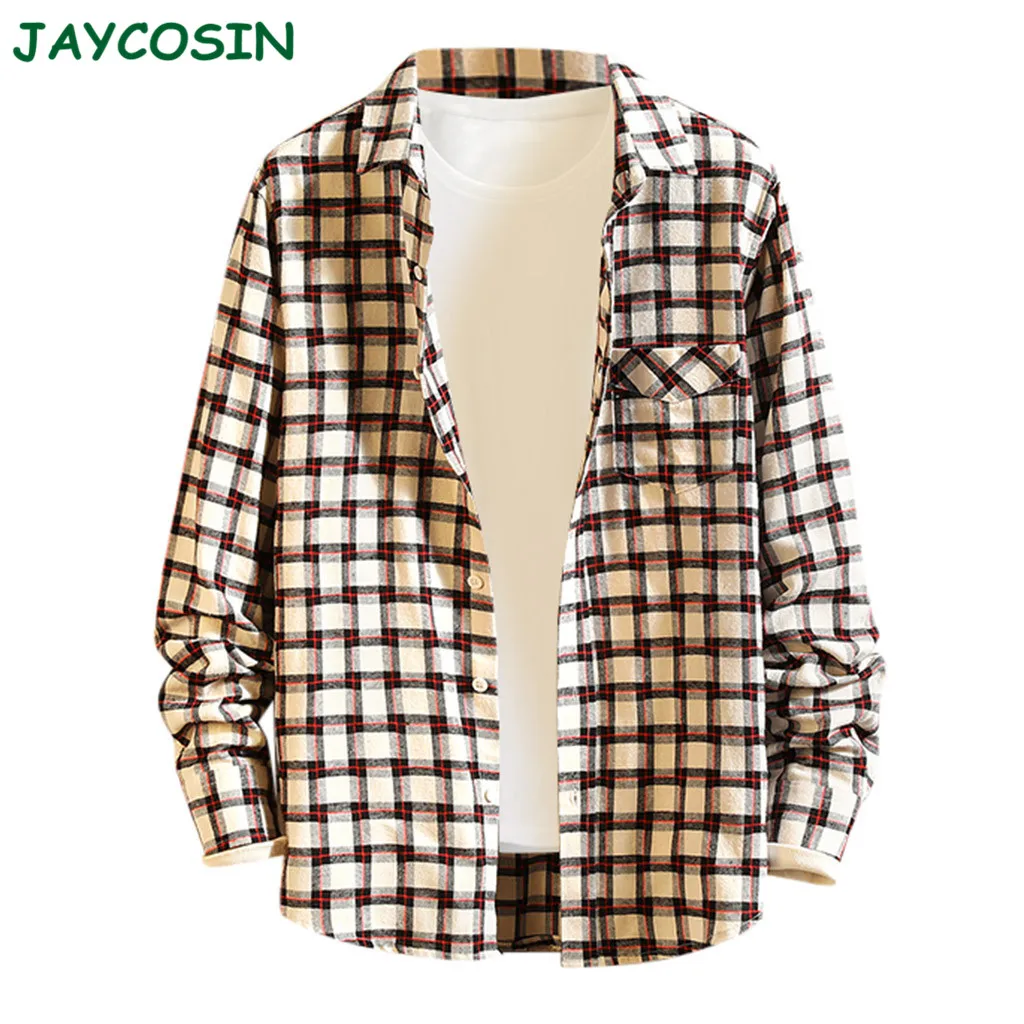 JAYCOSIN, Мужская одежда, осень-зима, клетчатая рубашка с принтом, мужская мода, длинный рукав, блуза, рубашка, уличная одежда для мужчин, черная, белая, 1126