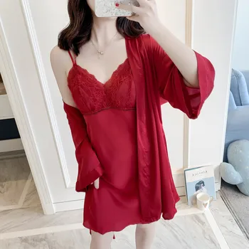 

2PCS Robe Set Sexy Lady Butterfly Sleeve Sleepwear Satin Mini Women Nightgown Bride Bridesmaid Wedding Bathrobe Kimono Bath Gown