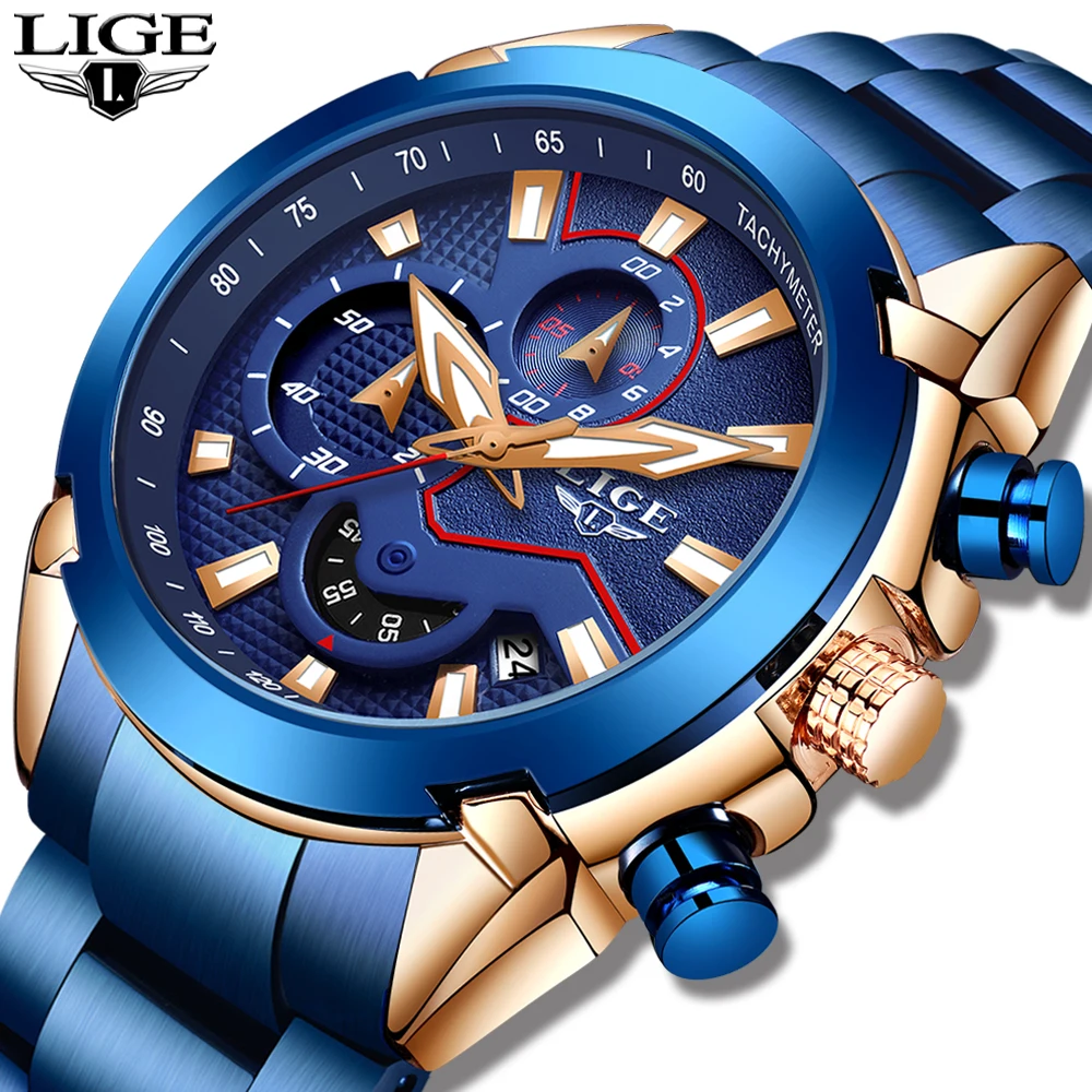 LIGE модные синие часы мужские Роскошные Кварцевые наручные часы из нержавеющей стали водонепроницаемые спортивные часы с хронографом мужские часы Relojes