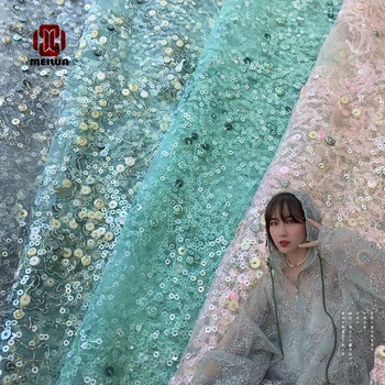 

New design 2020 hot luxury Latest sequins beads embroidery lace fabric Top grade wedding gown dress lace fabric off embroidery