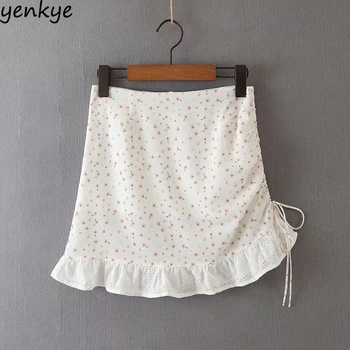 

Floral Print Skirt Women Hem Patchwork Side Drawstring High Waist Skirt Lady Holiday Summer Chiffon Mini Short Skirt Boho jupe