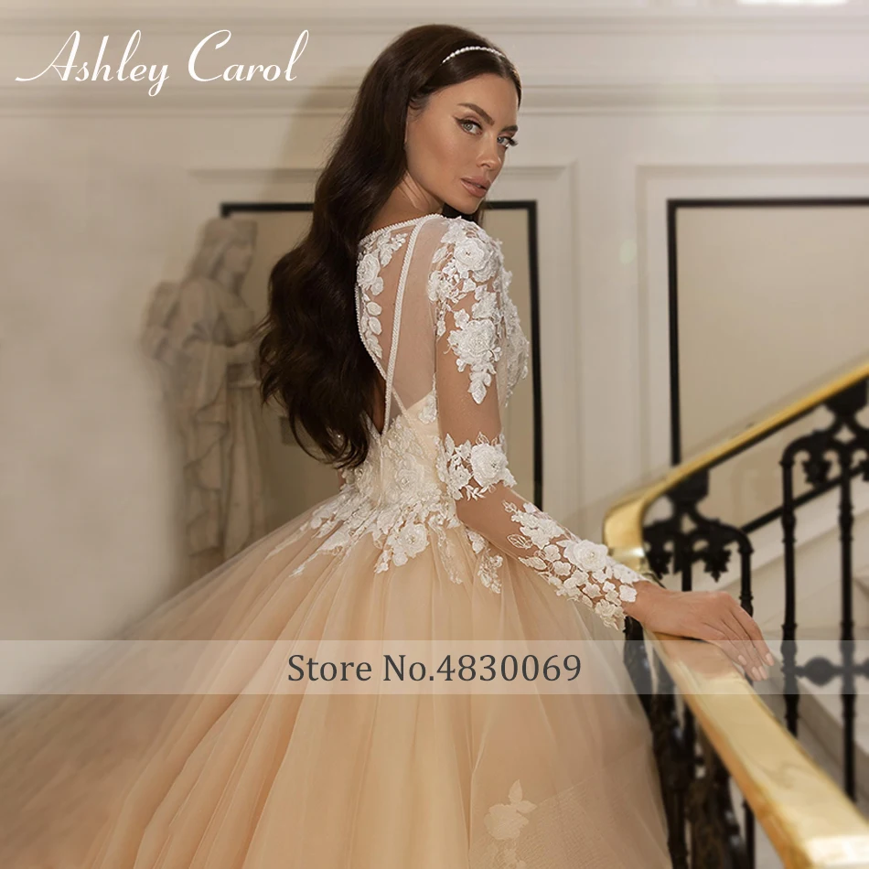 Wedding Dresses Ashley Carol A-Line Glamorous Princess Long Sleeve Beading V-Neckline Appliques Bridal Gown Bride