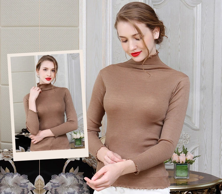 Sweater Women pullovers 80% Natural Silk 20% Cotton turtleneck Rib knits shirt long sleeved sweater Fall winter tops jumper