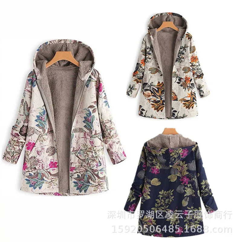 lower price  Hot Women Winter Warm Floral Floral Jacket Hooded Vintage Coat Oversized Winter Quilted Jacket Wome