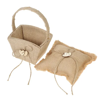 

New 6*6'' Burlap Jute & Lace Flower Basket Vintage Burlap Double Heart Ring Bearer Pillow and Rustic Wedding Flower Girl Basket