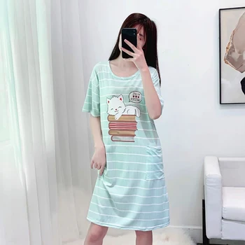 

2020 Summer Nightdress Female Cute Cartoon Printed Nightgown Sweet Loose Double Pocket Home Wear Sleepwear