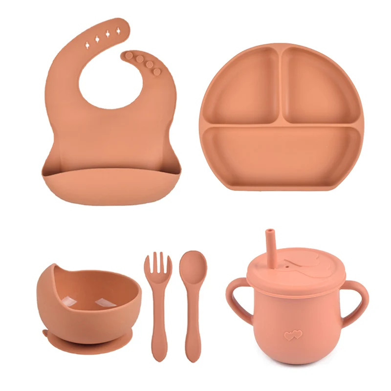 6PCS/Set Baby Silicone Tableware Cup  Bowl Plate/Tray Bibs Spoon Fork Sets Children Non-slip Feeding BPA Free Dinnerware Dinner