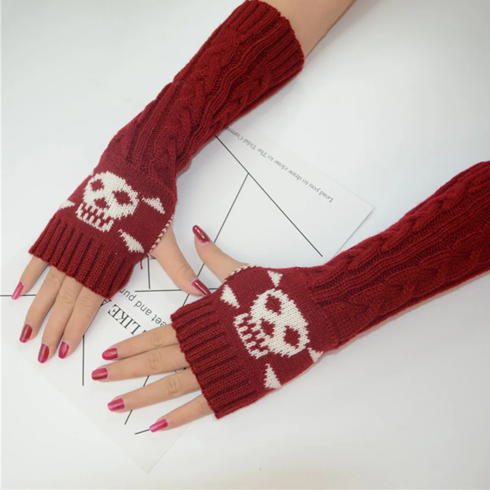 Skull Print Women Fingerless Gloves Ladies Emo Punk Winter Knitted Wrist Arm Hand Warmer Casual Long Mitten Fingerless Gloves