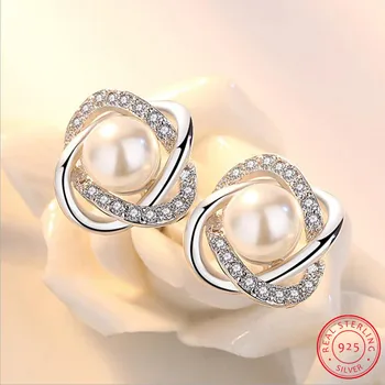 

Upscale 925 Sterling Silver Earrings Zirconia Pearl Twist Luxury Stud Earrings For Women brincos pendientes S-E290