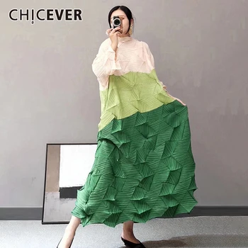 

CHICEVER Patchwork Hit Color Women's Dress Stand Collar Long Sleeve Oversize Loose Maxi Dresses Female 2020 Fashion Clothes New