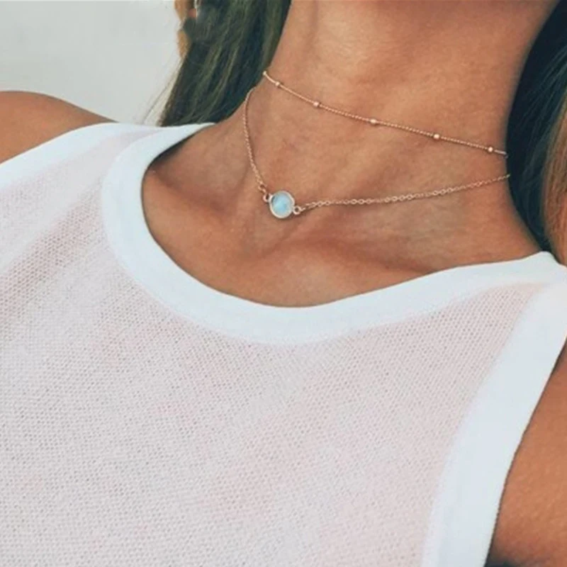 

Korean Simple Necklace Imitation Gem Double Section Ladies Chain Clavicle Short Jewelry Statement and Pendant