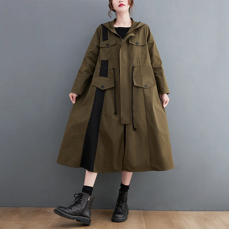 2021 Autumn Winter Cotton Vintage Oversized Long Trench Coat For Women Clothes Hooded Drawstring Fashion Casual Loose Outerwear puffy coats