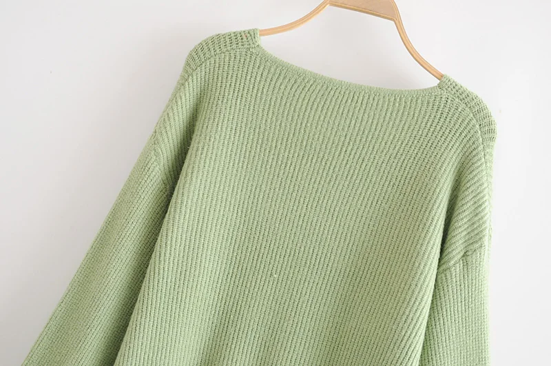 Мода Za, Женский Осенний однотонный элегантный свитер с v-образным вырезом и длинным рукавом, шикарный свободный свитер, пуловеры, вязаные свитера