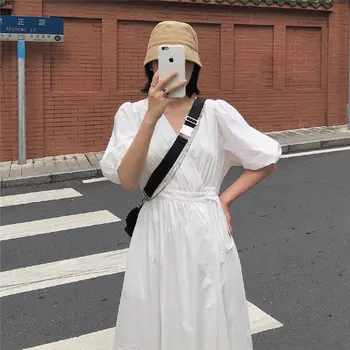 

HziriP White Summer V-Neck Solid Waist-Controlled Chic 2020 Elegance Gentle Streetwear Half Sleeves All-Match Fresh Long Dresses