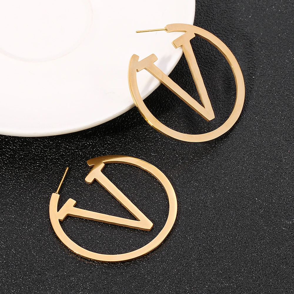 Punk Metal Round Letter V Hoop Earrings Gold Color Hollow