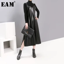 [EAM] Women Black Pu Leather Vent Temperament Dress New Spaghetti Strap Sleeveless Loose Fit Fashion Tide Spring Autumn 2020