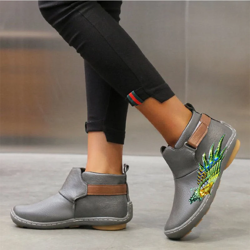 Women Ankle Boots Winter 2020 Hook Loop Print Ladies Leather Short Boots Big Size Platform Footwear For Woman