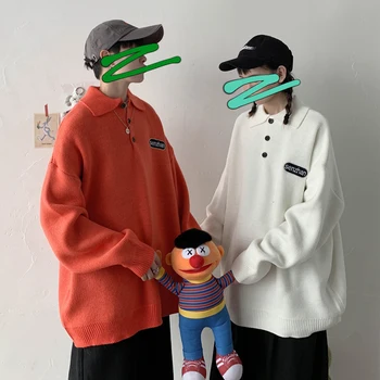 

Men's sweater 2019 autumn and winter new embroidery sweater couple loose lapel sweater youth personality fashion men's clothing