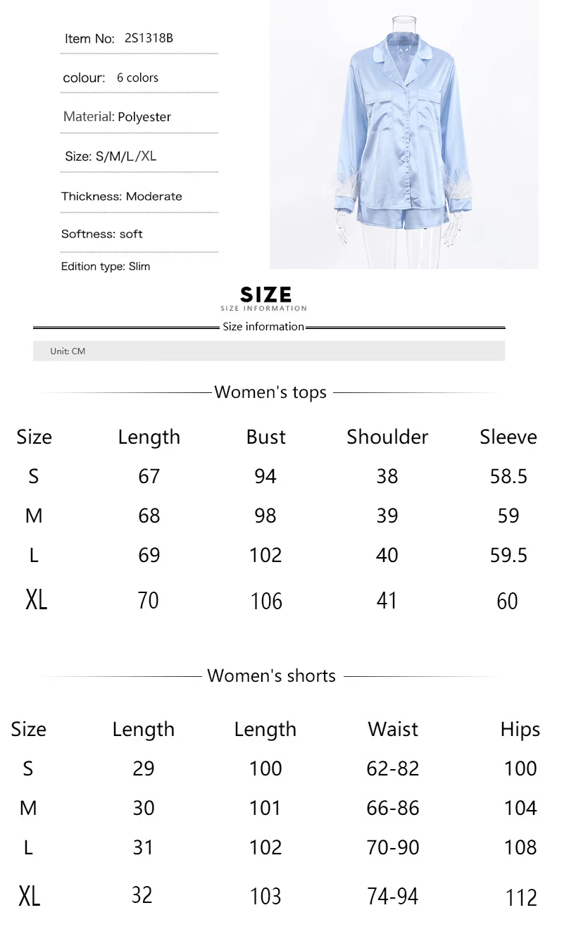 coord sets women Satin Blue long-sleeved shirt top + shorts two-piece suit casual pajamas women's home service fashion women's feather detachable sweat suits women