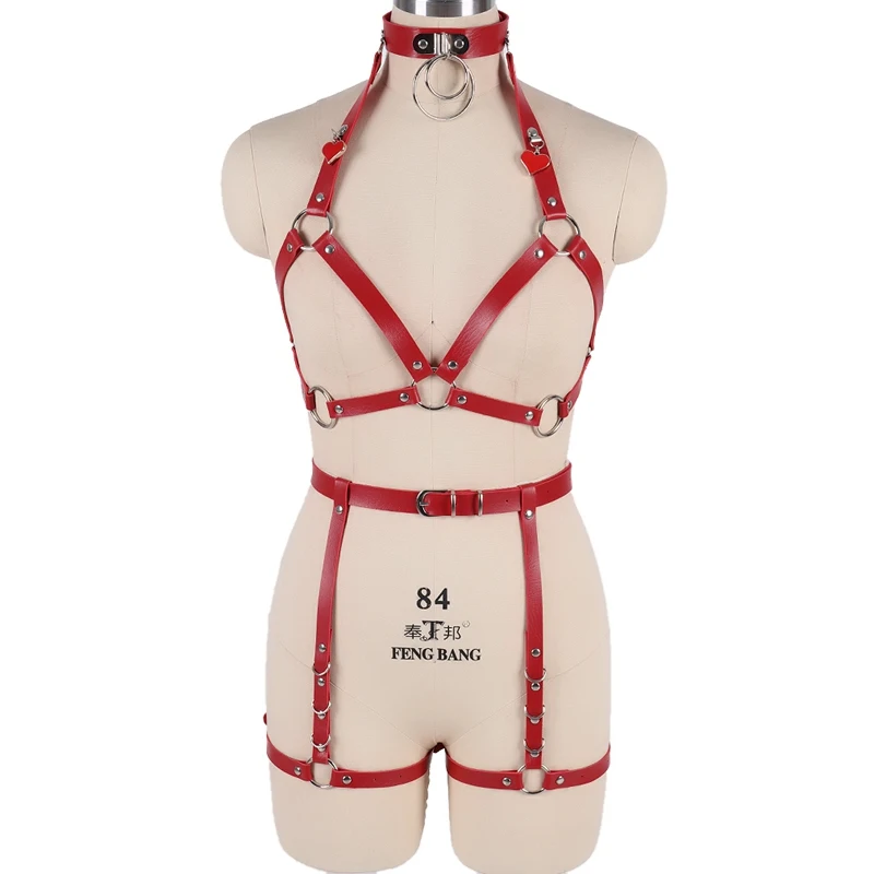 

Red Leather Harness Set Body Bondage Holloew Out Cage Bra Sexy Lingerie Harajuku Goth Adjust Chest Belt Dance Festival Rave
