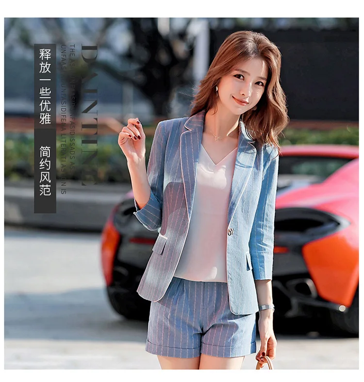 Suit Set Stripes Shorts Spring And Summer New Style Three-quarter-length Sleeve Small Suit Women's Fashion Elegant Slimming Comm