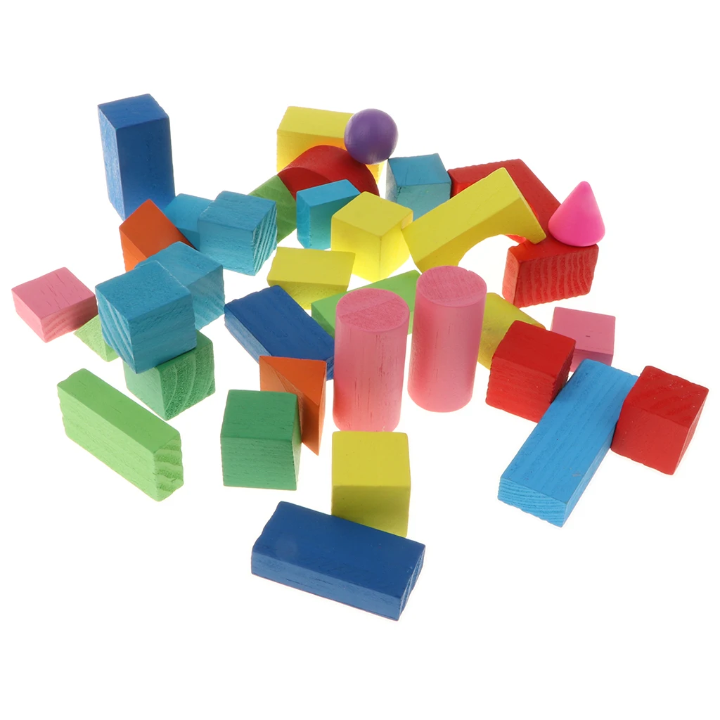 34Pcs Classic Wooden Building Blocks Set w/Basic Build & Play Stacking Toy