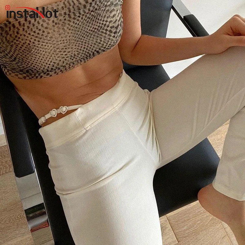 

InstaHot Elegant Women's Hollow Out Waist Slim Flare Pant Autumn Solid Color Trousers Legging 2020 Fashion Casual Women Clothing