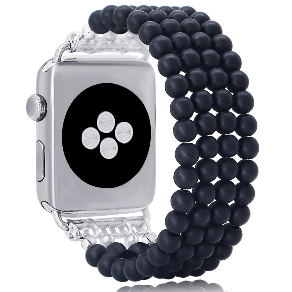 

LuReen Matte Black Agate Apple Watch Strap For iwatch 5/4 3/2/1 Elastic 38mm 42mm Smooth Handmade Beads Watch Band Bracelet