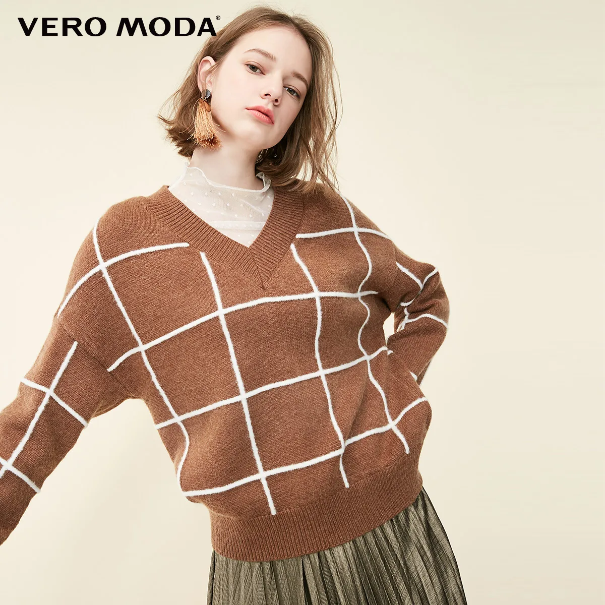 Vero Moda зимний женский клетчатый свитер с v-образным вырезом | 319113532 - Цвет: Burnt caramel mel